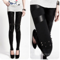 Frauen Schwarze Punk Knie Nietstock Spike Leder Legging (83834)